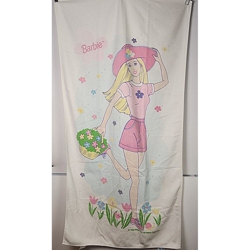 Vtg 1998 Barbie Mattel Beach Bath Towel Flower Shop by Franco 48 x 27